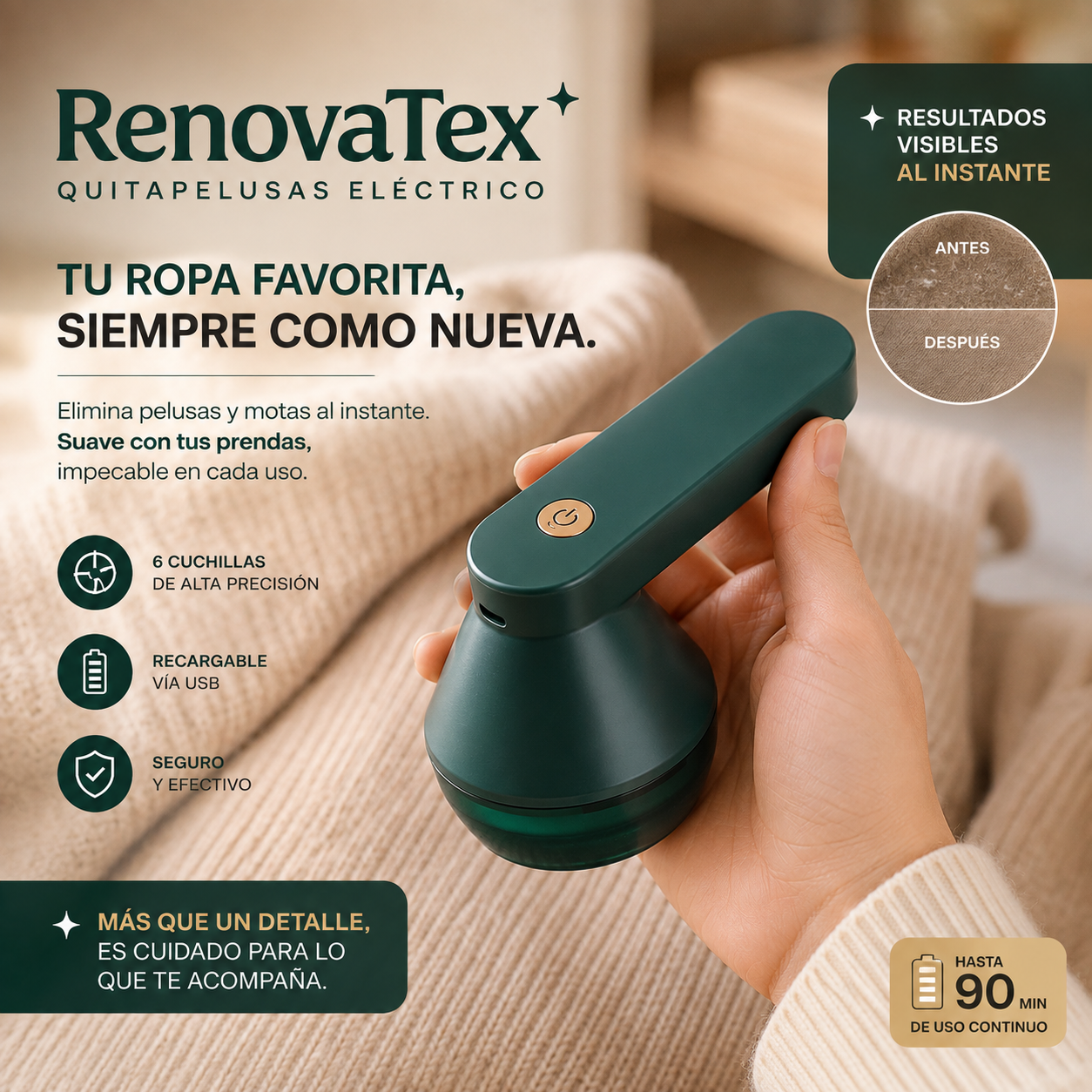 RenovaTex — Quitapelusas Eléctrico Recargable | Elimina Pelusas en Segundos